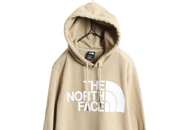ノースフェイス プリント スウェット フード パーカー メンズ S 古着 The North Face 裏起毛 プルオーバー トレーナー アウトドア ベージュ