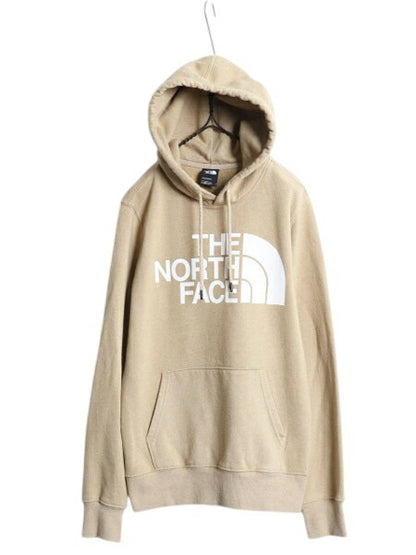 ノースフェイス プリント スウェット フード パーカー メンズ S 古着 The North Face 裏起毛 プルオーバー トレーナー アウトドア ベージュ