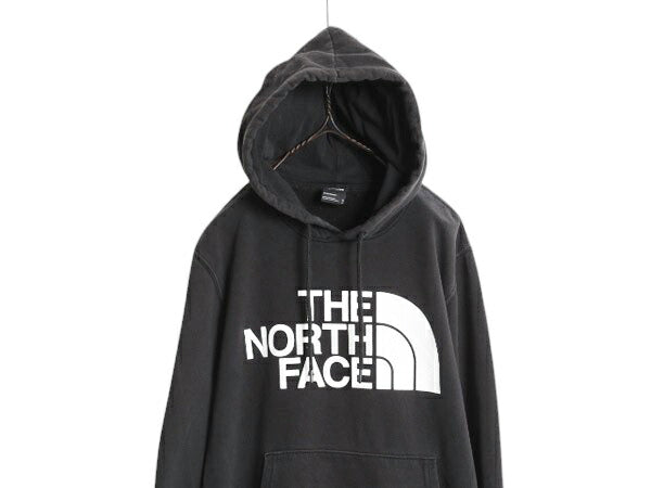 ノースフェイス プリント スウェット フード パーカー メンズ M 古着 The North Face 裏起毛 プルオーバー トレーナー アウトドア ブラック