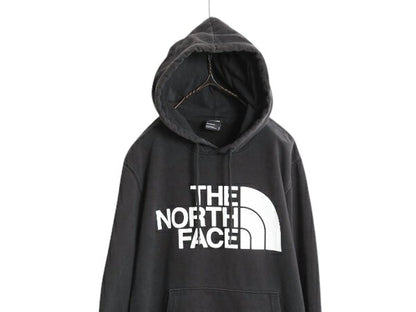 ノースフェイス プリント スウェット フード パーカー メンズ M 古着 The North Face 裏起毛 プルオーバー トレーナー アウトドア ブラック