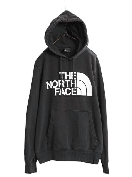 ノースフェイス プリント スウェット フード パーカー メンズ M 古着 The North Face 裏起毛 プルオーバー トレーナー アウトドア ブラック