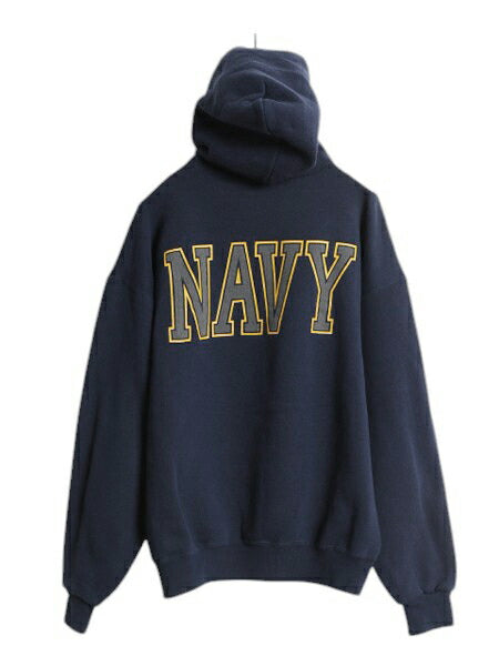 90s USA製 US NAVY 両面 プリント スウェット フード パーカー メンズ L 古着 オールド ミリタリー トレーナー 裏起毛 軍物 ネイビー USN