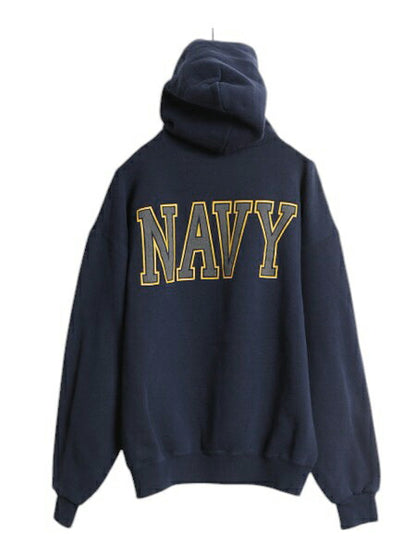 90s USA製 US NAVY 両面 プリント スウェット フード パーカー メンズ L 古着 オールド ミリタリー トレーナー 裏起毛 軍物 ネイビー USN