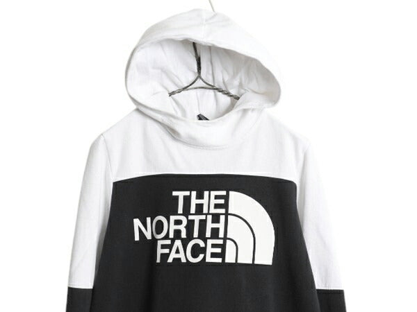 US企画 ノースフェイス プリント スウェット フード パーカー レディース M The North Face 裏起毛 プルオーバー スエット ツートン 黒 白