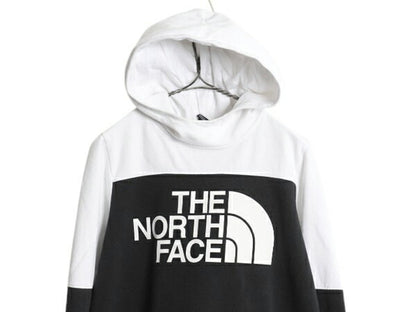 US企画 ノースフェイス プリント スウェット フード パーカー レディース M The North Face 裏起毛 プルオーバー スエット ツートン 黒 白