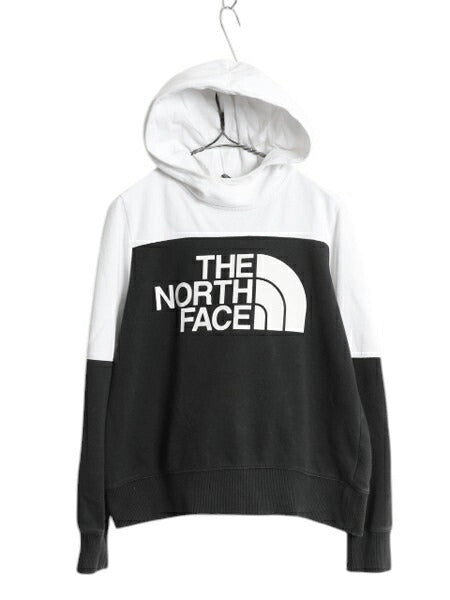 US企画 ノースフェイス プリント スウェット フード パーカー レディース M The North Face 裏起毛 プルオーバー スエット ツートン 黒 白