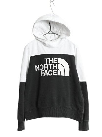 US企画 ノースフェイス プリント スウェット フード パーカー レディース M The North Face 裏起毛 プルオーバー スエット ツートン 黒 白