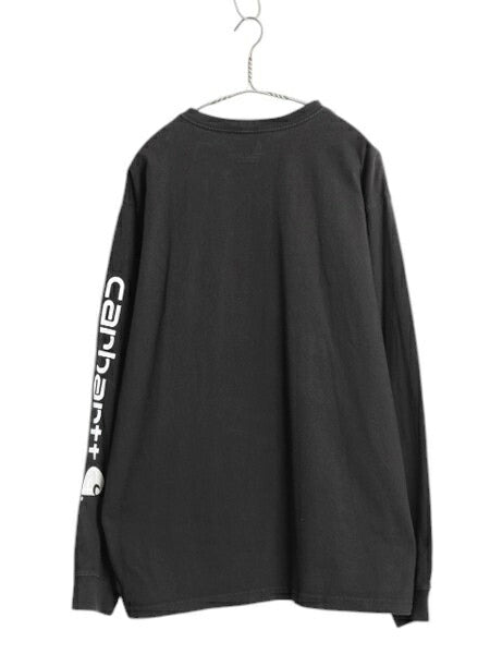 カーハート プリント 長袖 Tシャツ メンズ L / ロンT 袖プリント ヘビーウェイト クルーネック ロングスリーブ カットソー ワーク ブラック