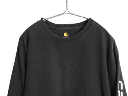 カーハート プリント 長袖 Tシャツ メンズ L / ロンT 袖プリント ヘビーウェイト クルーネック ロングスリーブ カットソー ワーク ブラック