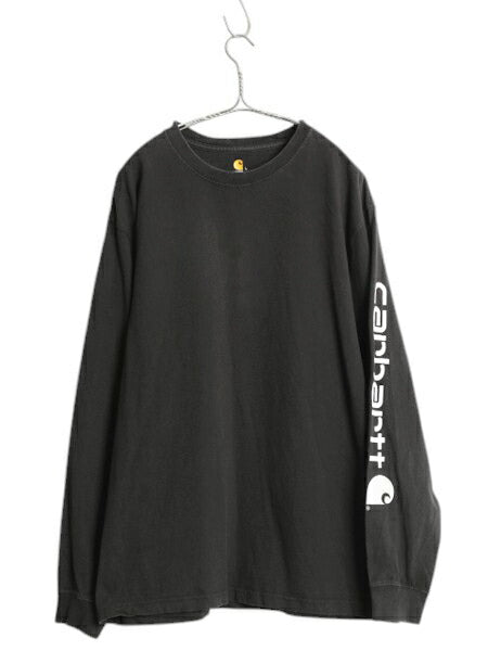 カーハート プリント 長袖 Tシャツ メンズ L / ロンT 袖プリント ヘビーウェイト クルーネック ロングスリーブ カットソー ワーク ブラック