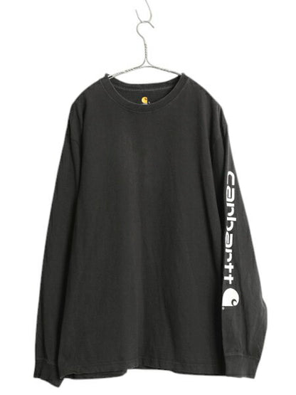 カーハート プリント 長袖 Tシャツ メンズ L / ロンT 袖プリント ヘビーウェイト クルーネック ロングスリーブ カットソー ワーク ブラック
