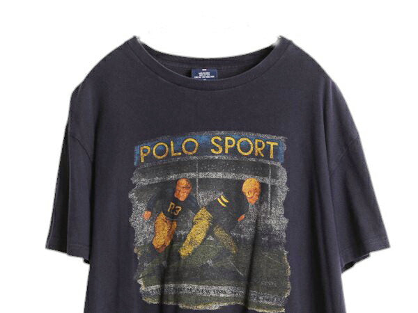 90s ポロスポーツ ラルフローレン プリント 半袖 Tシャツ メンズ M 古着 オールド ラグビー アート イラスト グラフィック クルーネック 紺