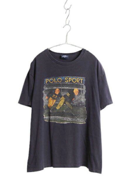 90s ポロスポーツ ラルフローレン プリント 半袖 Tシャツ メンズ M 古着 オールド ラグビー アート イラスト グラフィック クルーネック 紺