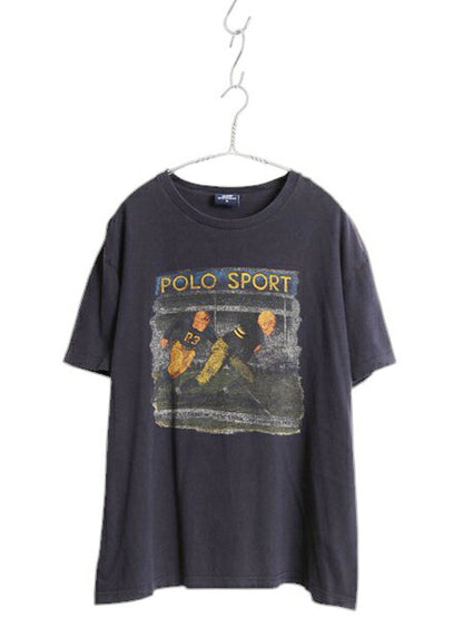 90s ポロスポーツ ラルフローレン プリント 半袖 Tシャツ メンズ M 古着 オールド ラグビー アート イラスト グラフィック クルーネック 紺