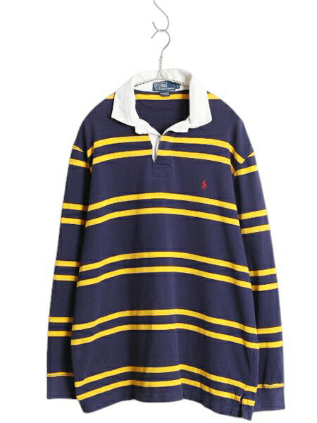 90s ポロ ラルフローレン ボーダー 長袖 ラガーシャツ メンズ L / 古着 オールド ラグビー 長袖シャツ ポロシャツ ヘビーウェイト ツートン