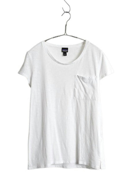 パタゴニア ポケット付き 無地 半袖 Tシャツ レディース S アウトドア ポケT カットソー アンダーシャツ 薄手 シンプル ブランク ホワイト