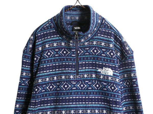 US企画 ノースフェイス 総柄 セーター フリース ジャケット メンズ XL The North Face ニット プルオーバー ハーフジップ ノルディック 紺