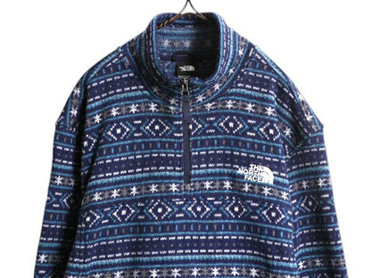 US企画 ノースフェイス 総柄 セーター フリース ジャケット メンズ XL The North Face ニット プルオーバー ハーフジップ ノルディック 紺