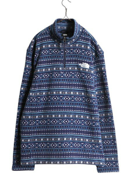 US企画 ノースフェイス 総柄 セーター フリース ジャケット メンズ XL The North Face ニット プルオーバー ハーフジップ ノルディック 紺