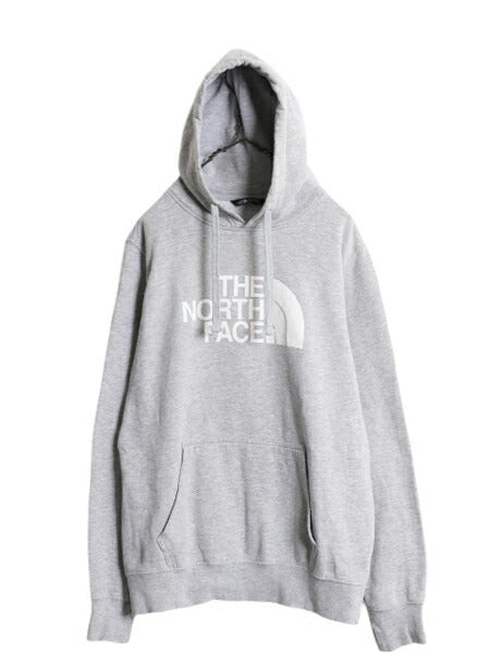 ノースフェイス プリント スウェット フード パーカー メンズ M 古着 The North Face プルオーバー 裏起毛 トレーナー アウトドア 薄手 灰