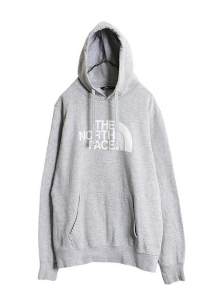 ノースフェイス プリント スウェット フード パーカー メンズ M 古着 The North Face プルオーバー 裏起毛 トレーナー アウトドア 薄手 灰