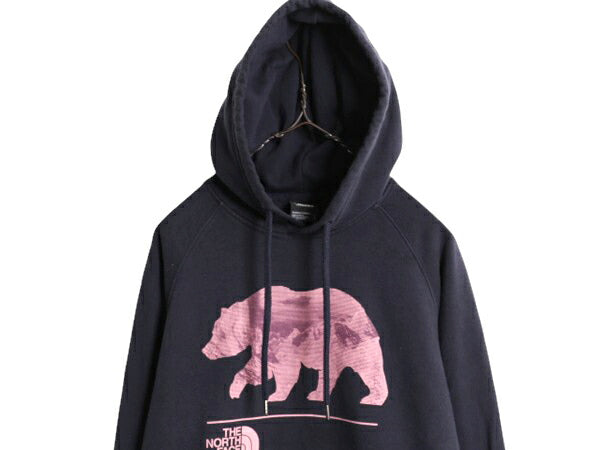 ノースフェイス プリント スウェット フード パーカー レディース S / The North Face プルオーバー 裏起毛 トレーナー ベア イラスト 濃紺