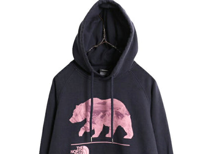ノースフェイス プリント スウェット フード パーカー レディース S / The North Face プルオーバー 裏起毛 トレーナー ベア イラスト 濃紺