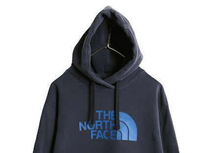 ノースフェイス プリント スウェット フード パーカー メンズ XL / 大きいサイズ 古着 The North Face 裏起毛 トレーナー プルオーバー 紺