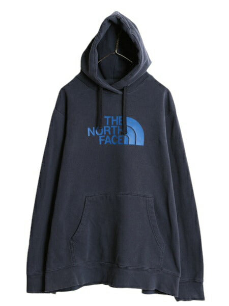 ノースフェイス プリント スウェット フード パーカー メンズ XL / 大きいサイズ 古着 The North Face 裏起毛 トレーナー プルオーバー 紺