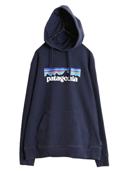 19年製 パタゴニア プリント スウェット フード パーカー メンズ L / Patagonia トレーナー プルオーバー ストレッチ アウトドア 裏起毛 紺