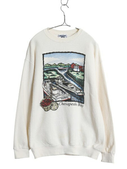 90s USA製 アート イラスト プリント スウェット メンズ レディース M / 古着 オールド トレーナー 裏起毛 グラフィック シンプル トップス
