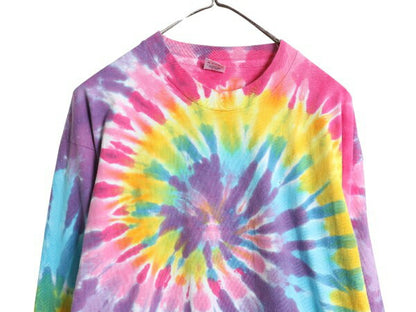 90s USA製 タイダイ 染め 長袖 Tシャツ メンズ XL オールド ロンT ロングスリーブ カットソー シングルステッチ マルチカラー 大きいサイズ