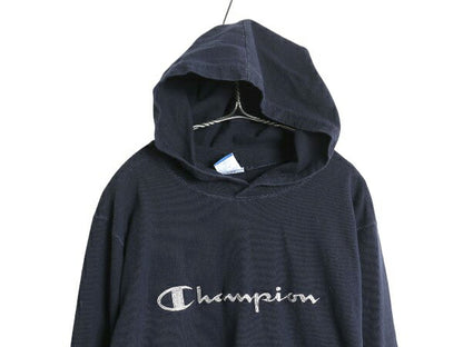 90s USA製 チャンピオン フード パーカー メンズ M / オールド ヘビーウェイト フード付き 長袖 Tシャツ ロンT プルオーバー 紺 スクリプト