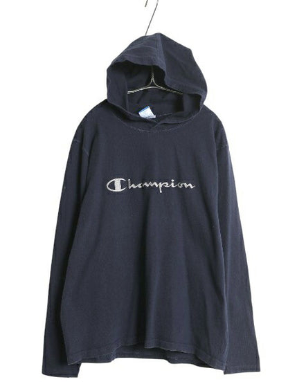 90s USA製 チャンピオン フード パーカー メンズ M / オールド ヘビーウェイト フード付き 長袖 Tシャツ ロンT プルオーバー 紺 スクリプト