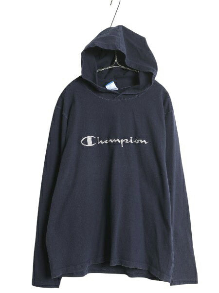 90s USA製 チャンピオン フード パーカー メンズ M / オールド ヘビーウェイト フード付き 長袖 Tシャツ ロンT プルオーバー 紺 スクリプト