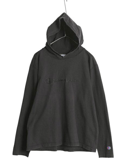 90s USA製 チャンピオン フード パーカー メンズ M / オールド ヘビーウェイト フード付き 長袖 Tシャツ ロンT プルオーバー 黒 スクリプト