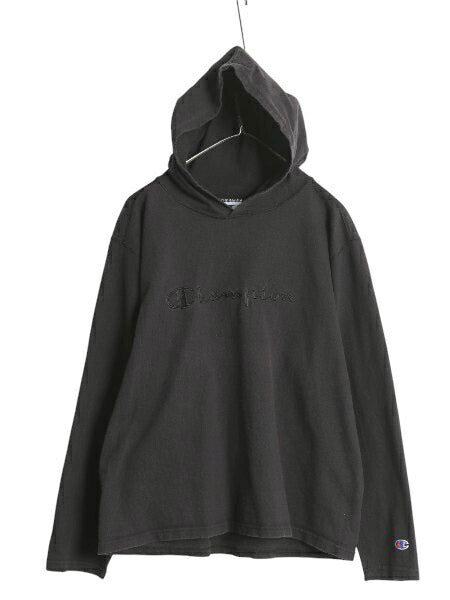 90s USA製 チャンピオン フード パーカー メンズ M / オールド ヘビーウェイト フード付き 長袖 Tシャツ ロンT プルオーバー 黒 スクリプト