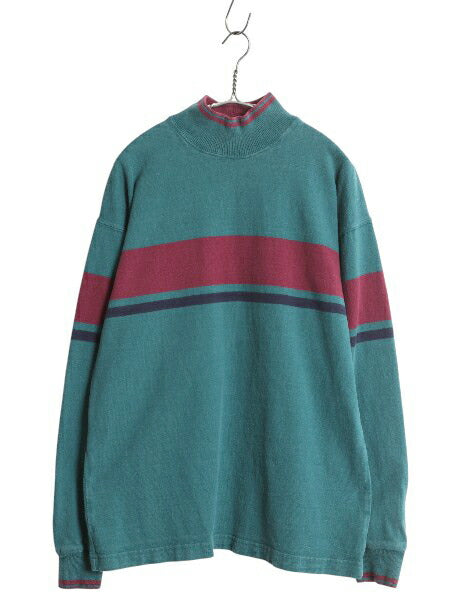 80s USA製 エルエルビーン モックネック ボーダー 長袖 Tシャツ メンズ M ヴィンテージ ロンT ラガーシャツ 素材 ヘビーウェイト コットン