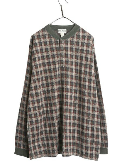 90s USA製 エルエルビーン チェック ヘンリーネック 長袖 Tシャツ メンズ XXL オールド ロンT 大きいサイズ トップス カットソー ゆったり