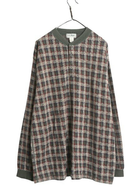 90s USA製 エルエルビーン チェック ヘンリーネック 長袖 Tシャツ メンズ XXL オールド ロンT 大きいサイズ トップス カットソー ゆったり