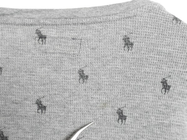 ポロ ラルフローレン 総柄 長袖 サーマル Tシャツ メンズ M 古着 ロンT モノグラム ワッフル カットソー ロングスリーブ インナー グレー