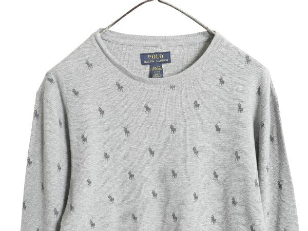 ポロ ラルフローレン 総柄 長袖 サーマル Tシャツ メンズ M 古着 ロンT モノグラム ワッフル カットソー ロングスリーブ インナー グレー