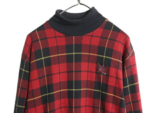90s USA製 ポロ ラルフローレン チェック タートルネック スウェット メンズ L 古着 オールド トレーナー カットソー ロンT 長袖 Tシャツ
