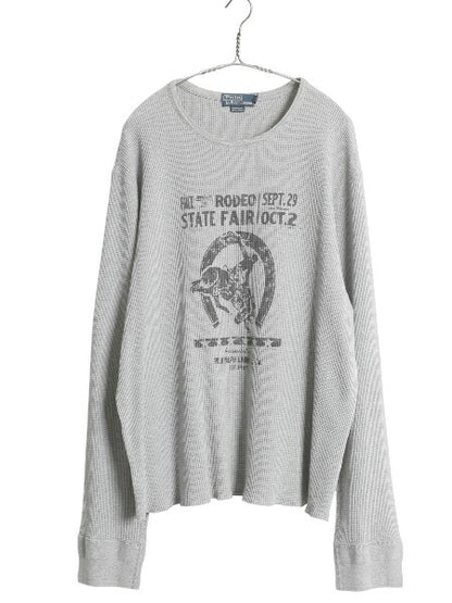 90s ポロ ラルフローレン プリント 長袖 サーマル Tシャツ メンズ XXL オールド ロンT ロングスリーブ ストレッチ カットソー 大きいサイズ
