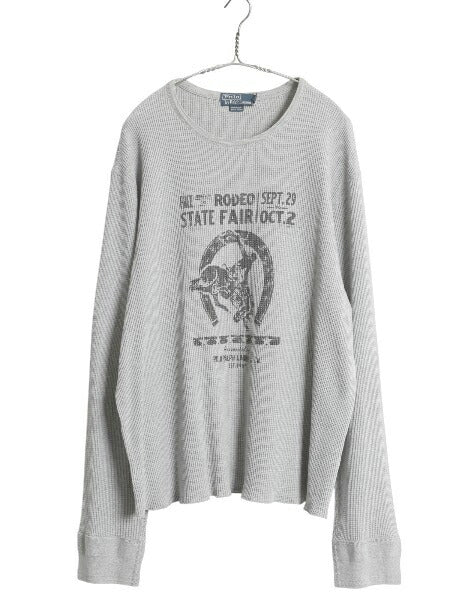 90s ポロ ラルフローレン プリント 長袖 サーマル Tシャツ メンズ XXL オールド ロンT ロングスリーブ ストレッチ カットソー 大きいサイズ