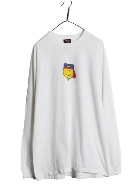 90s ★ スマイル スケーター イラスト プリント 長袖 Tシャツ メンズ XL / オールド ニコちゃん キャラクター ロンT スケート 大きいサイズ