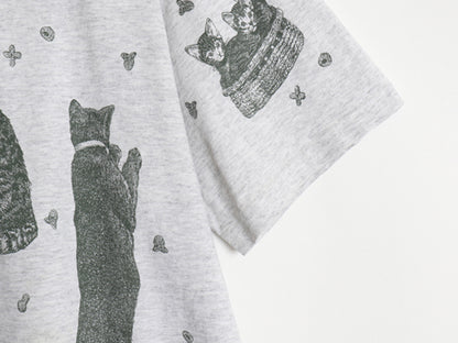 90s rel e vant products ネコ イラスト オールオーバー プリント 半袖 Tシャツ メンズ レディース L 程 オールド アート アニマル 総柄 灰