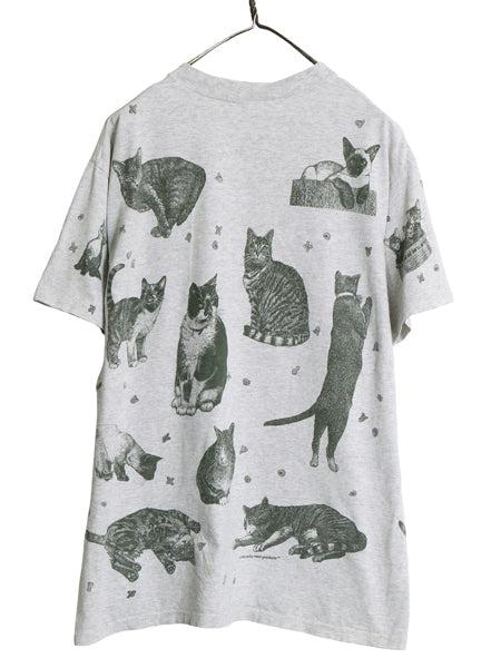 90s rel e vant products ネコ イラスト オールオーバー プリント 半袖 Tシャツ メンズ レディース L 程 オールド アート アニマル 総柄 灰