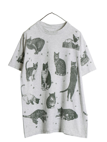 90s rel e vant products ネコ イラスト オールオーバー プリント 半袖 Tシャツ メンズ レディース L 程 オールド アート アニマル 総柄 灰
