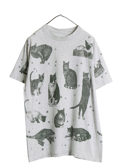 90s rel e vant products ネコ イラスト オールオーバー プリント 半袖 Tシャツ メンズ レディース L 程 オールド アート アニマル 総柄 灰